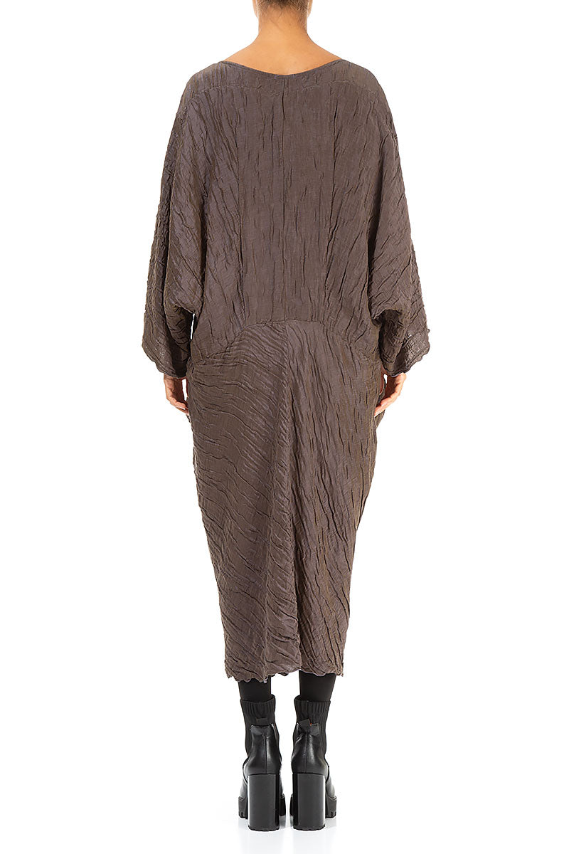 Draped Two Pockets Crinkled Brown Silk Dress