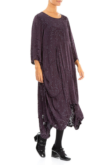 Draped Vintage Violet Devoré Feather Silk Dress 3