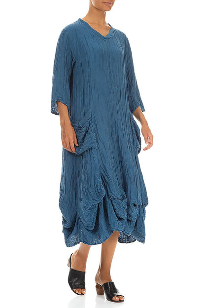 Draped Crinkled Denim Blue Silk Linen Dress