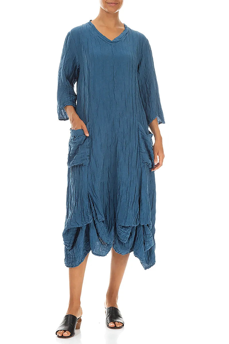 Draped Crinkled Denim Blue Silk Linen Dress