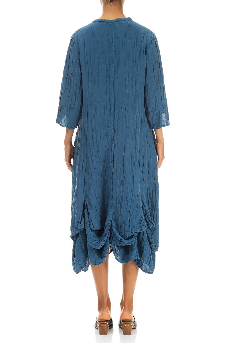 Draped Crinkled Denim Blue Silk Linen Dress