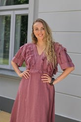 Ruffle Mauve Taupe Linen Dress 6