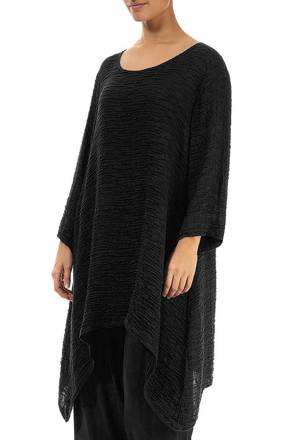 Dropped Edge Black Crinkled Silk Tunic