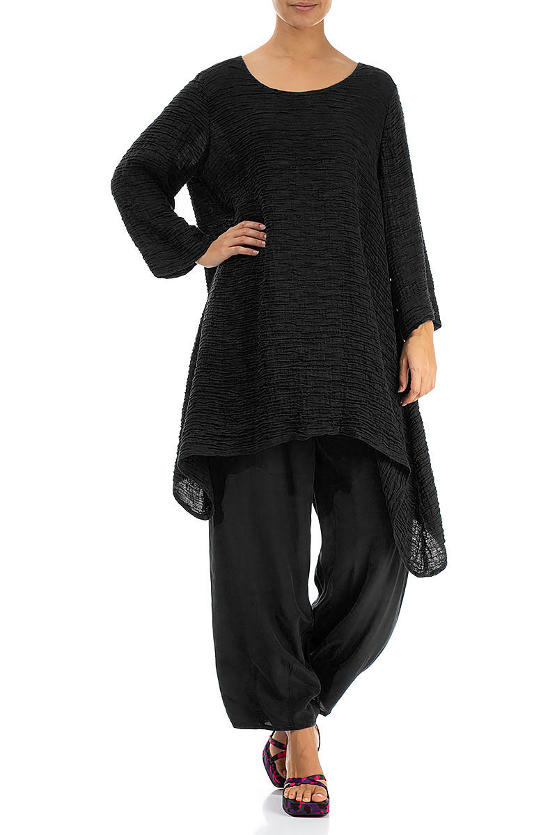 Dropped Edge Black Crinkled Silk Tunic