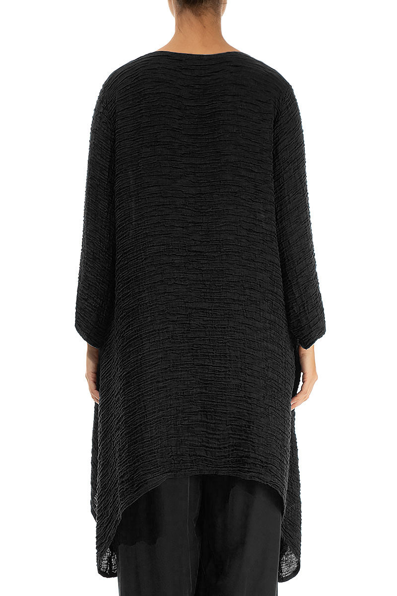 Dropped Edge Black Crinkled Silk Tunic