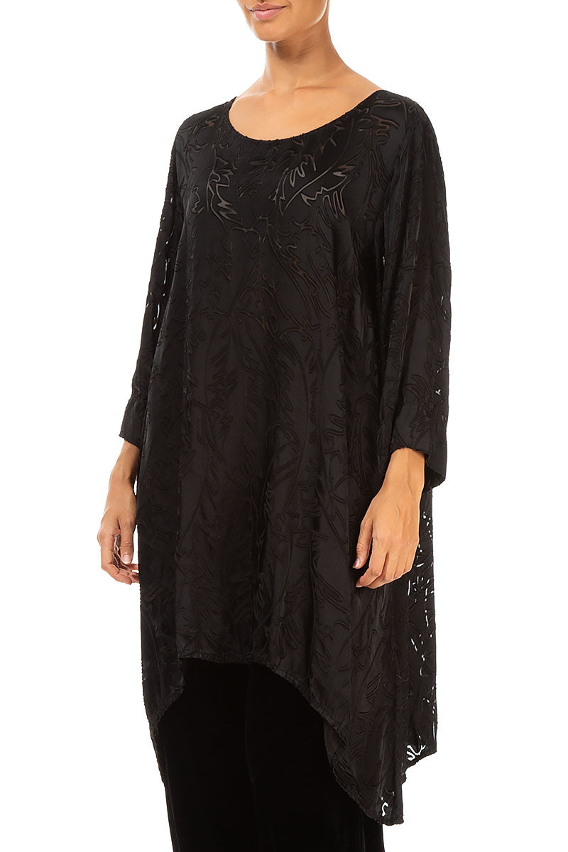 Dropped Edge Black Devoré Feather Silk Tunic