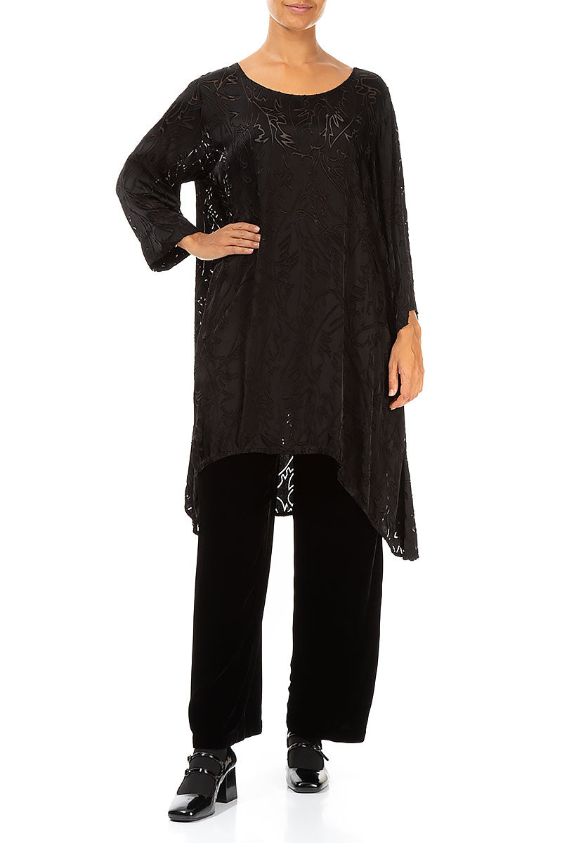 Dropped Edge Black Devoré Feather Silk Tunic 4