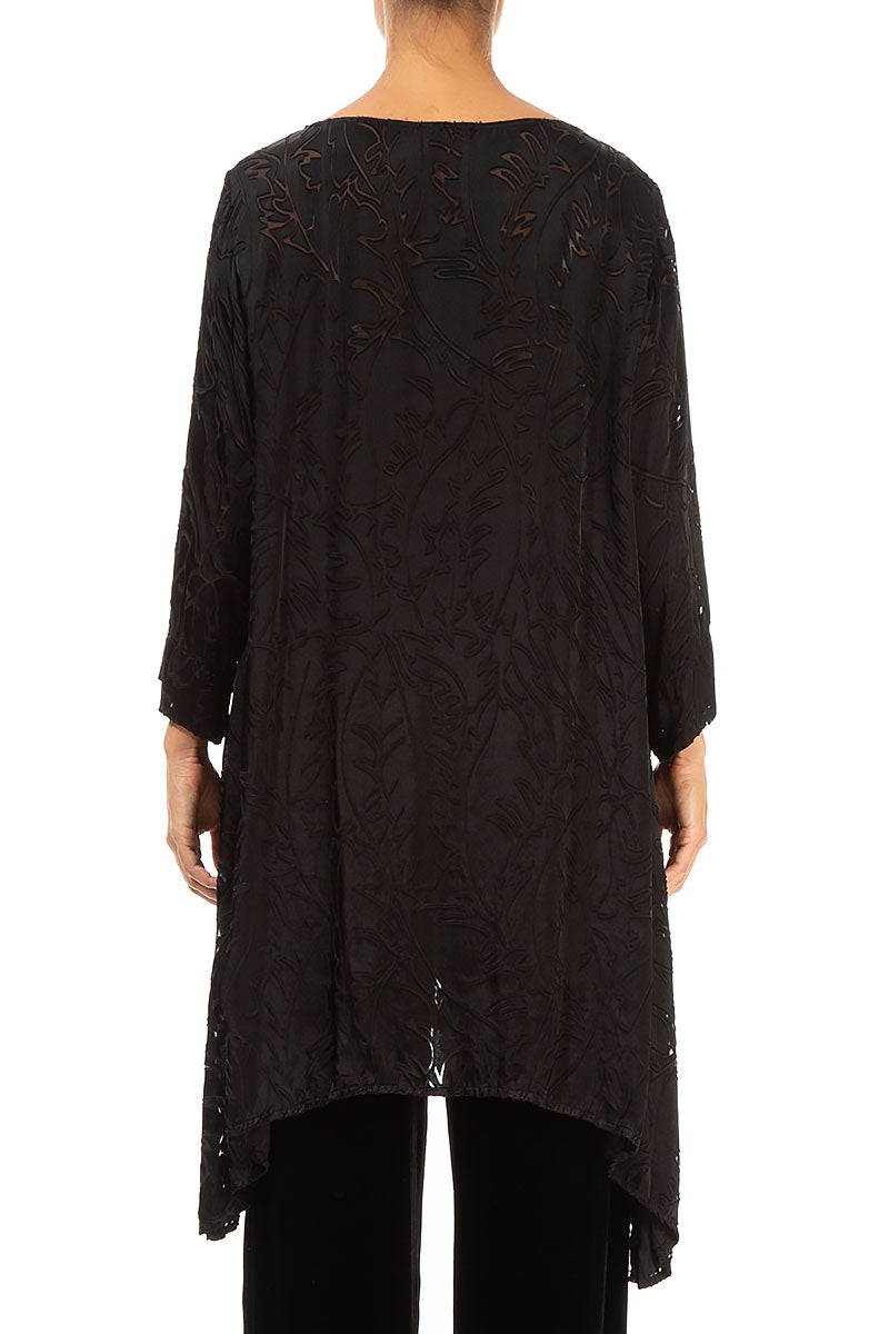 Dropped Edge Black Devoré Feather Silk Tunic