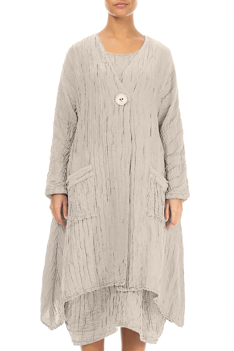 Beige Seiden-Leinenjacke mit abgerundetem Saum und Knittereffekt