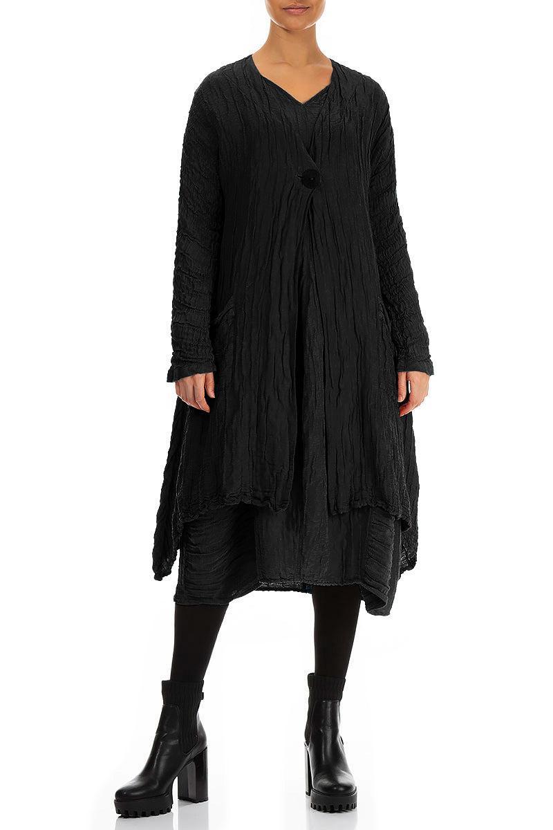 Dropped Edge Crinkled Black Silk Jacket 4