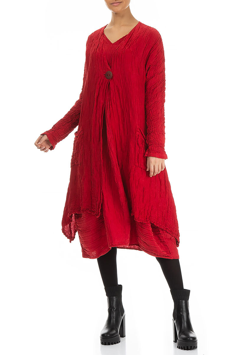 Dropped Edge Crinkled Cherry Red Silk Linen Jacket 3