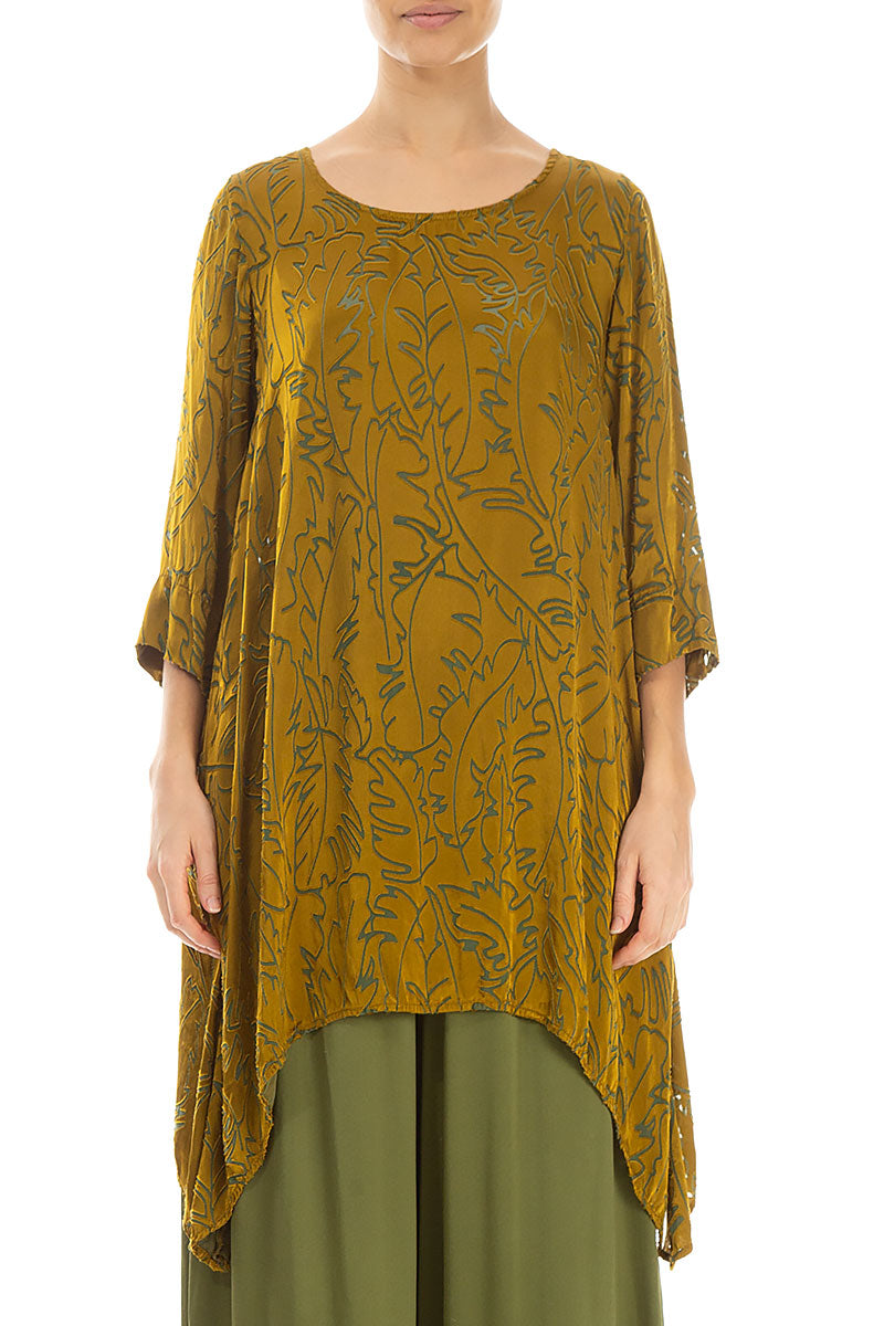 Dropped Edge Golden Olive Devoré Feather Silk Tunic 1