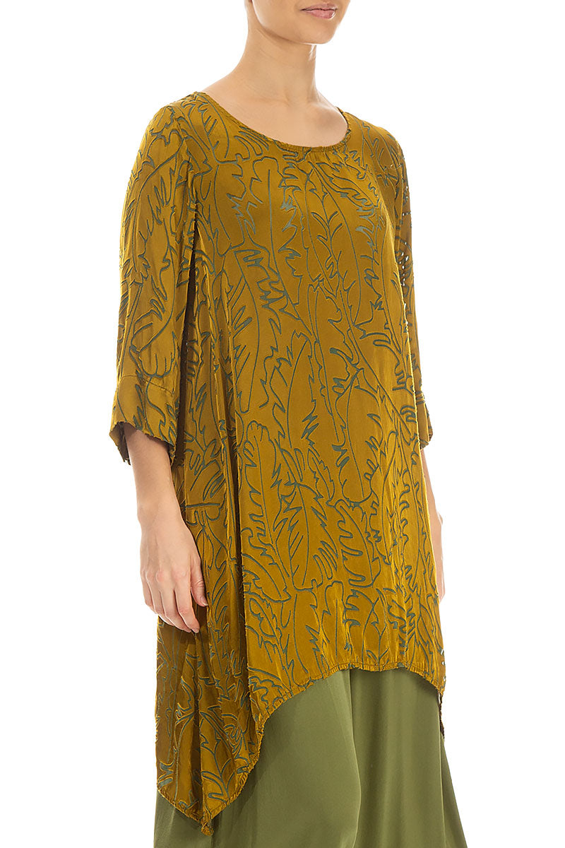 Dropped Edge Golden Olive Devoré Feather Silk Tunic 3