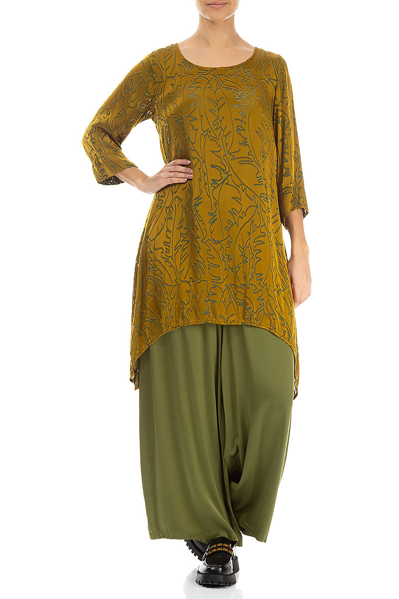 Dropped Edge Golden Olive Devoré Feather Silk Tunic 4