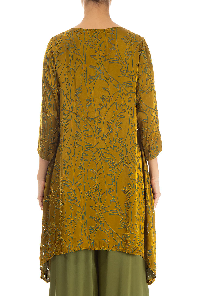 Dropped Edge Golden Olive Devoré Feather Silk Tunic 2