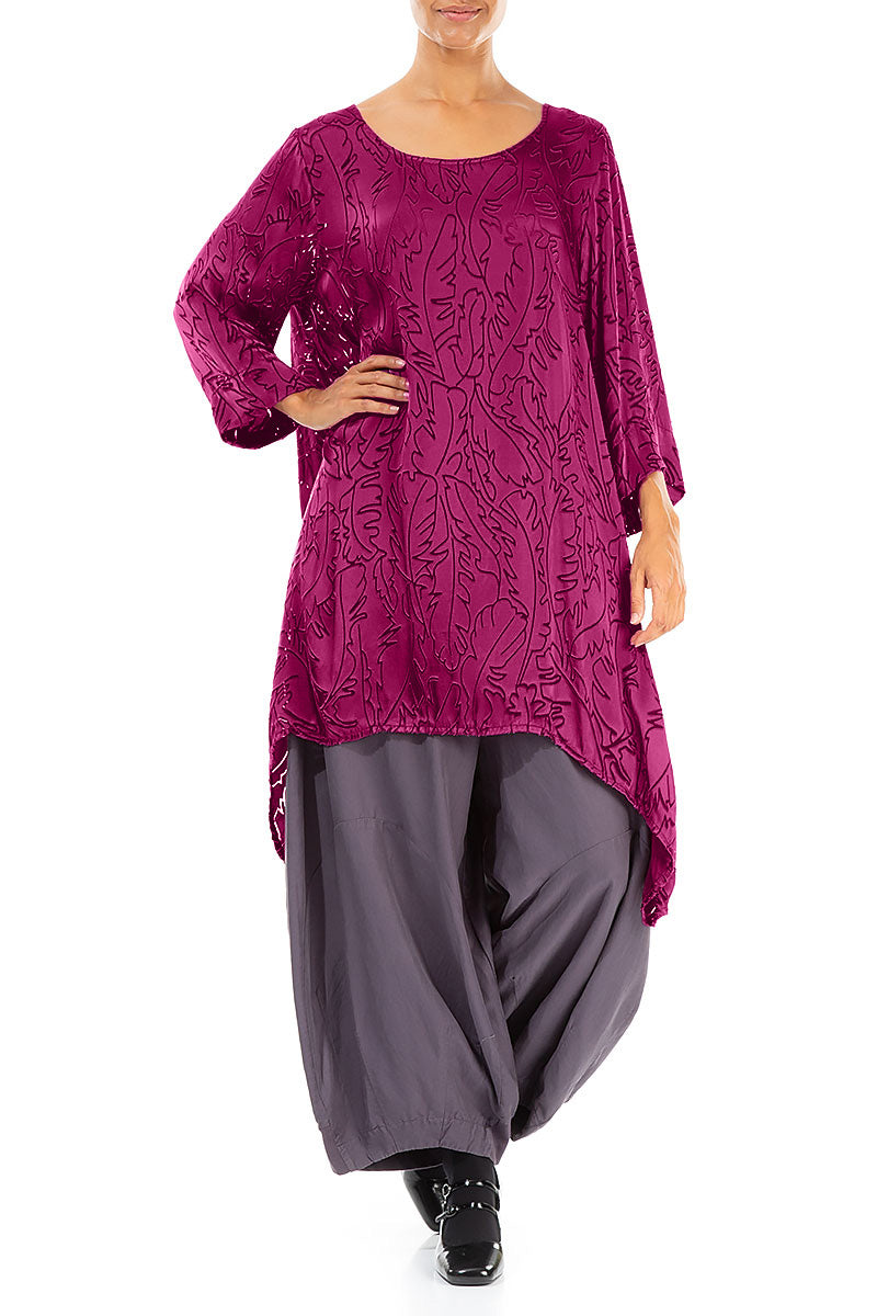 Dropped Edge Magenta Devoré Feather Silk Tunic