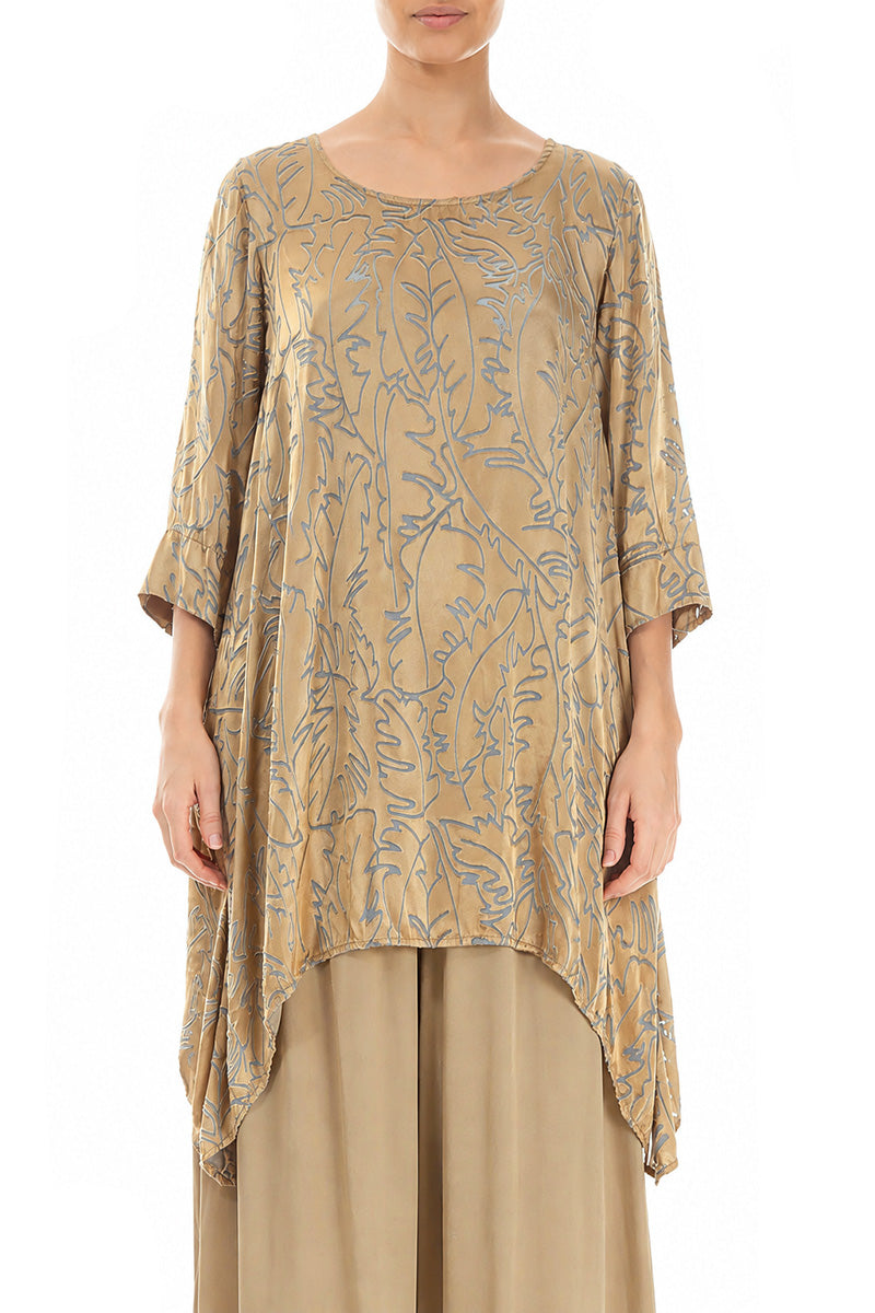 Dropped Edge Olive Devoré Feather Silk Tunic