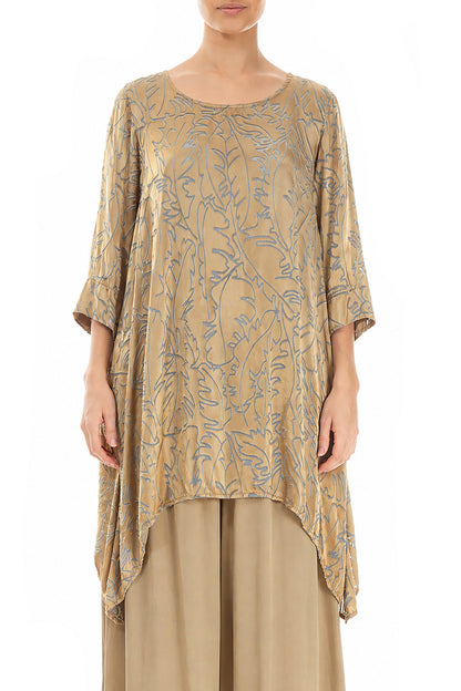 Dropped Edge Olive Devoré Feather Silk Tunic