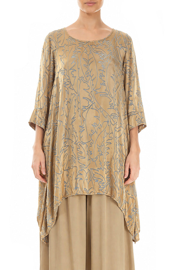 Dropped Edge Olive Devoré Feather Silk Tunic 1