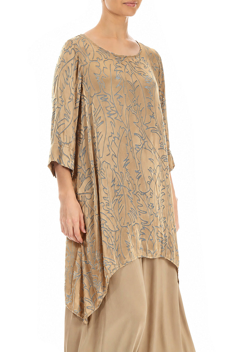 Dropped Edge Olive Devoré Feather Silk Tunic
