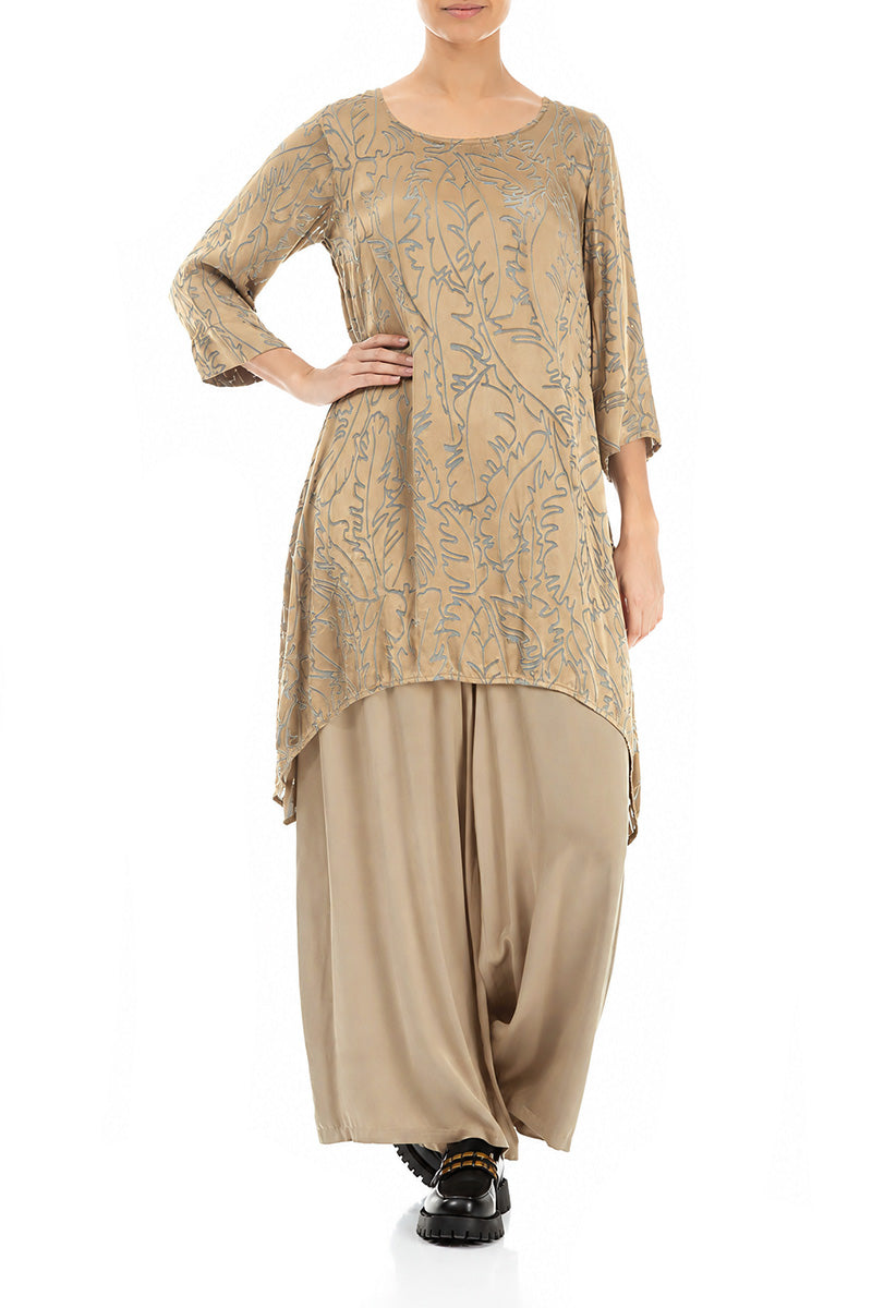 Dropped Edge Olive Devoré Feather Silk Tunic