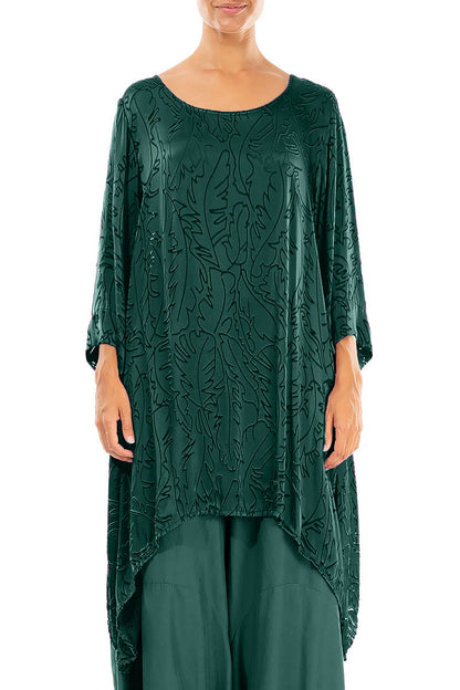 Dropped Edge Peacock Devoré Feather Silk Tunic 1