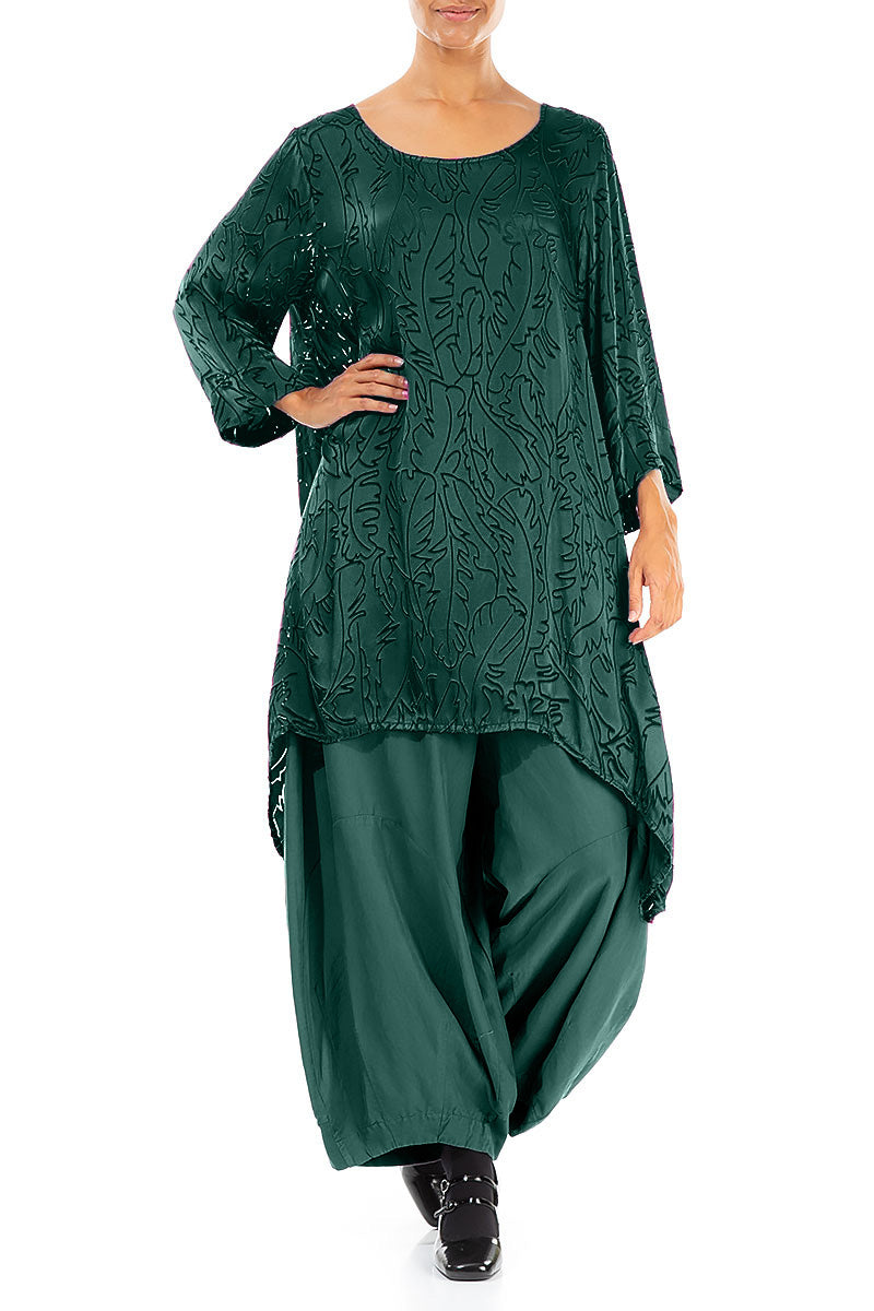 Dropped Edge Peacock Devoré Feather Silk Tunic 4