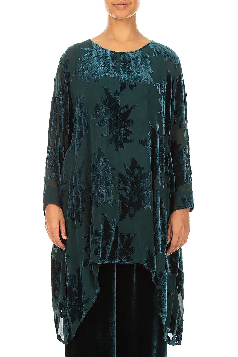Dropped Edge Peacock Devoré Flower Silk Velvet Tunic