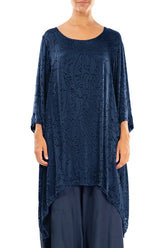 Dropped Edge Royal Blue Devoré Feather Silk Tunic 1