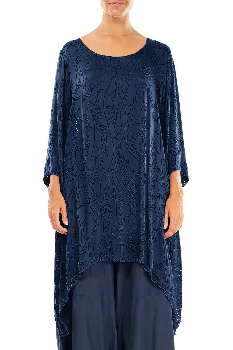 Dropped Edge Royal Blue Devoré Feather Silk Tunic 1