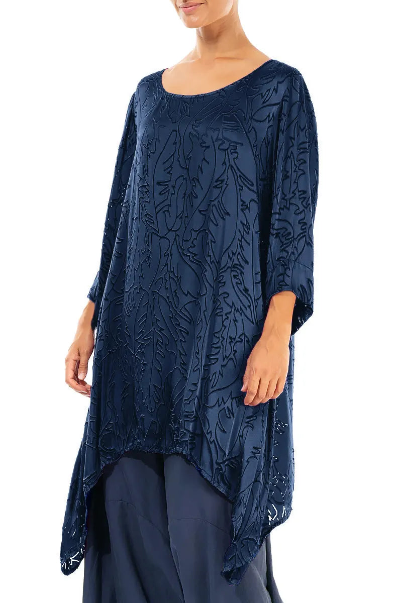 Dropped Edge Royal Blue Devoré Feather Silk Tunic 3