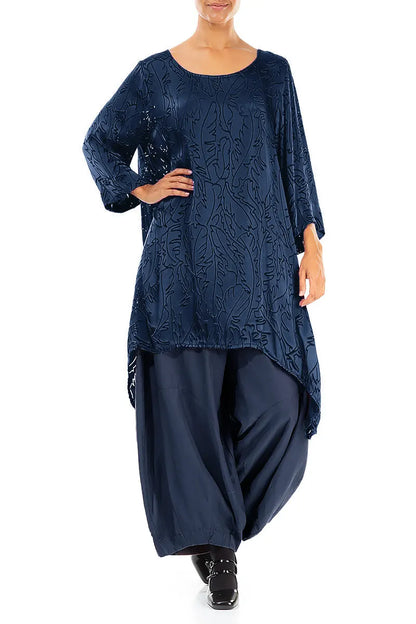 Dropped Edge Royal Blue Devoré Feather Silk Tunic 4
