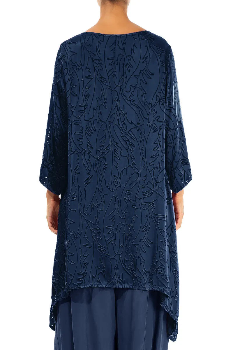 Dropped Edge Royal Blue Devoré Feather Silk Tunic 2