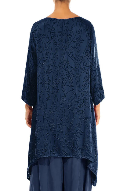 Dropped Edge Royal Blue Devoré Feather Silk Tunic 2