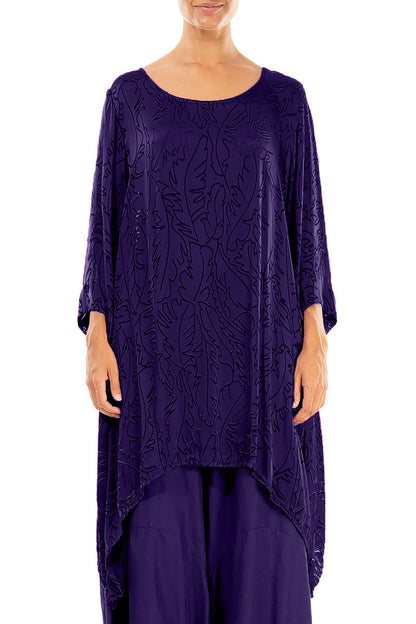 Dropped Edge Royal Purple Devoré Feather Silk Tunic 1