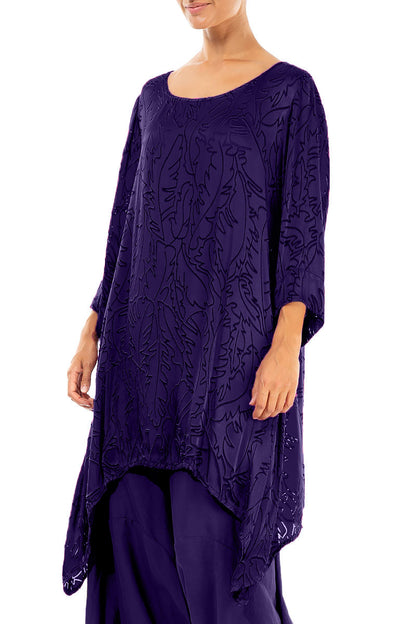 Dropped Edge Royal Purple Devoré Feather Silk Tunic 3