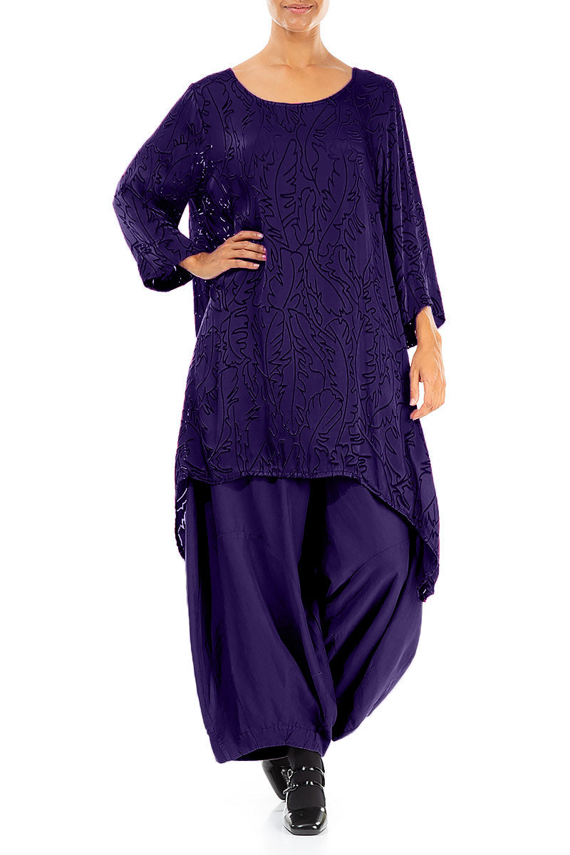 Dropped Edge Royal Purple Devoré Feather Silk Tunic 4