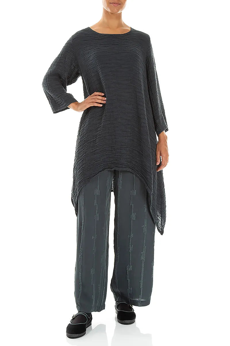 Dropped Edge Slate Crinkled Silk Tunic