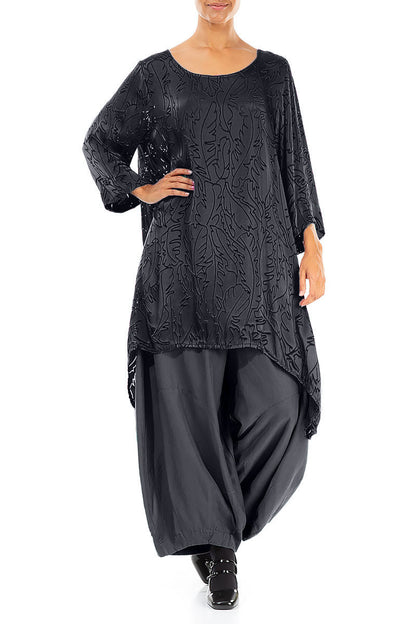 Dropped Edge Slate Devoré Feather Silk Tunic
