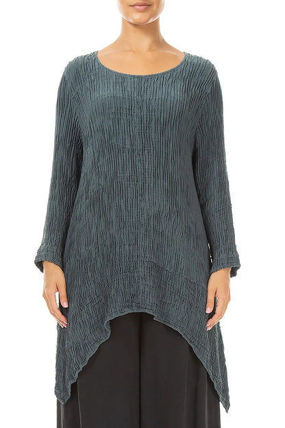Dropped Edge Slate Plissé Silk Tunic 1