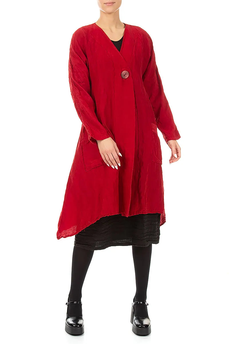 Dropped Edge Textured Cherry Red Silk Linen Jacket 3