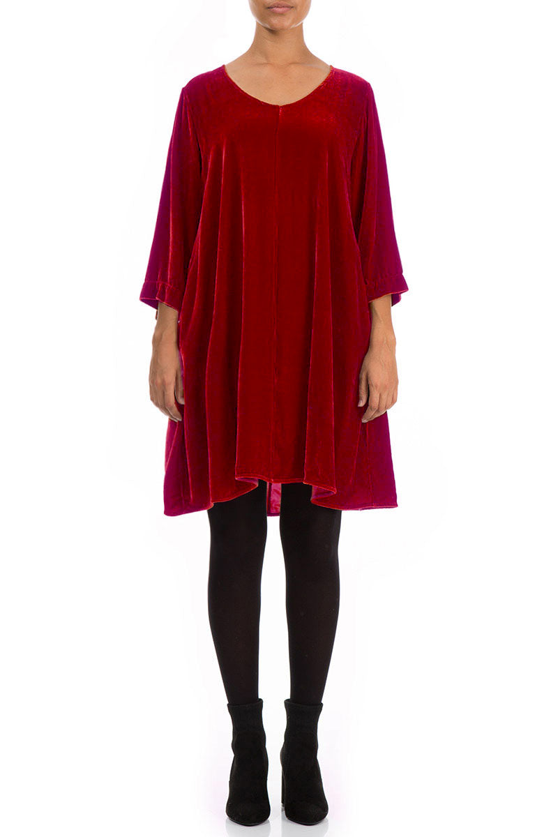 Elegant Cherry Red Silk Velvet Dress