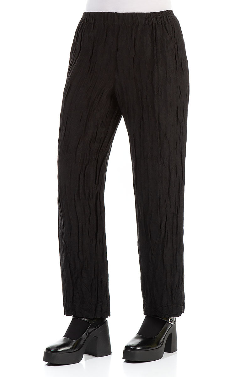 Elegant Crinkled Black Silk Trousers