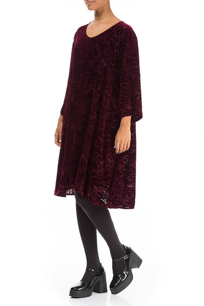 Elegant Devoré Roses Magenta Silk Velvet Dress