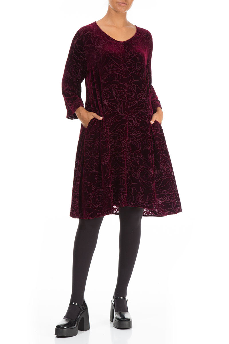 Elegant Devoré Roses Magenta Silk Velvet Dress