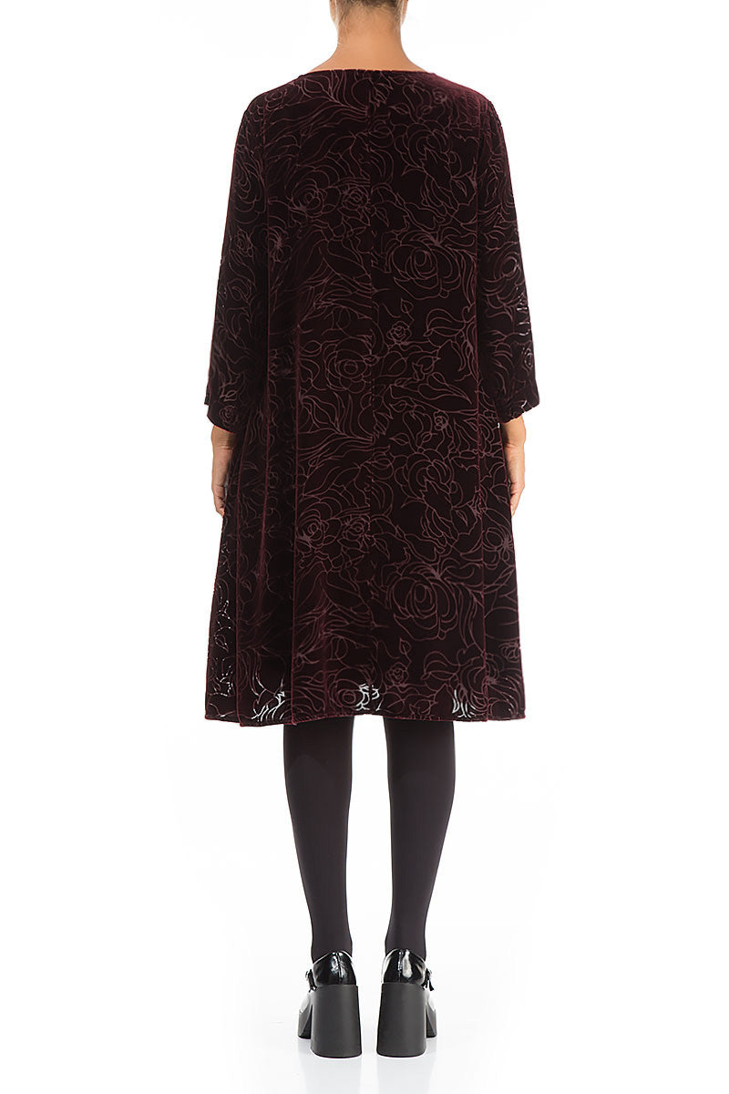 Elegant Devoré Roses Merlot Silk Velvet Dress