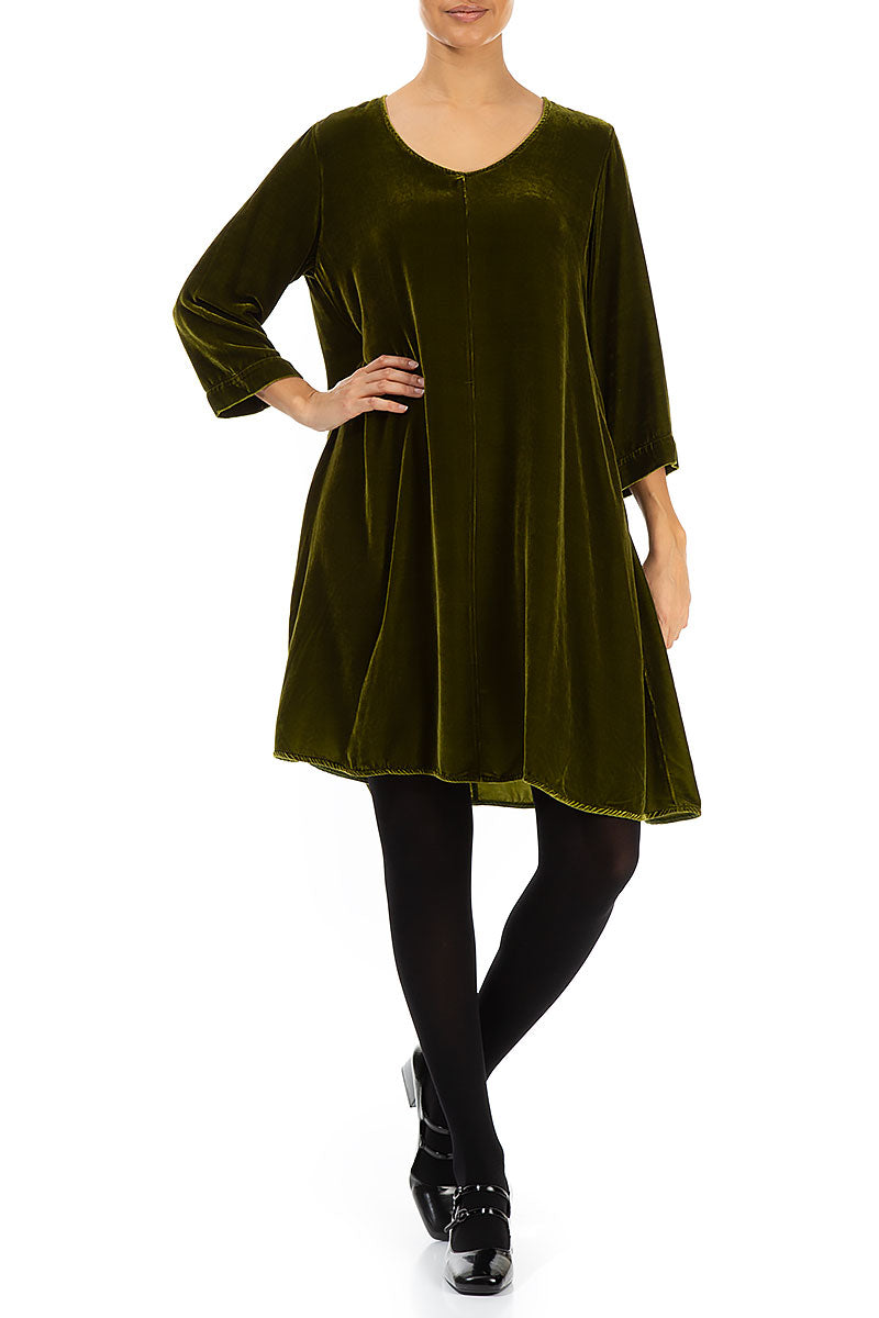 Elegant Golden Lime Silk Velvet Dress