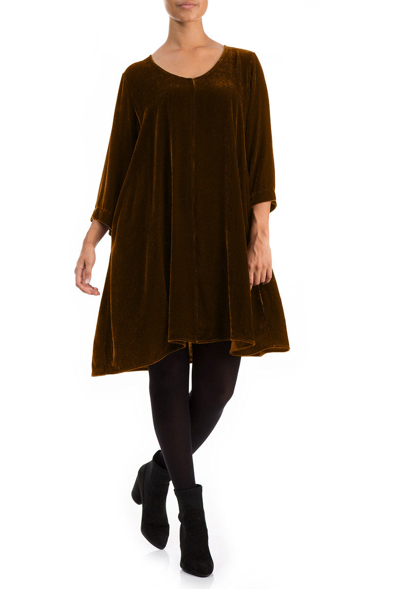 Elegant Golden Olive Silk Velvet Dress