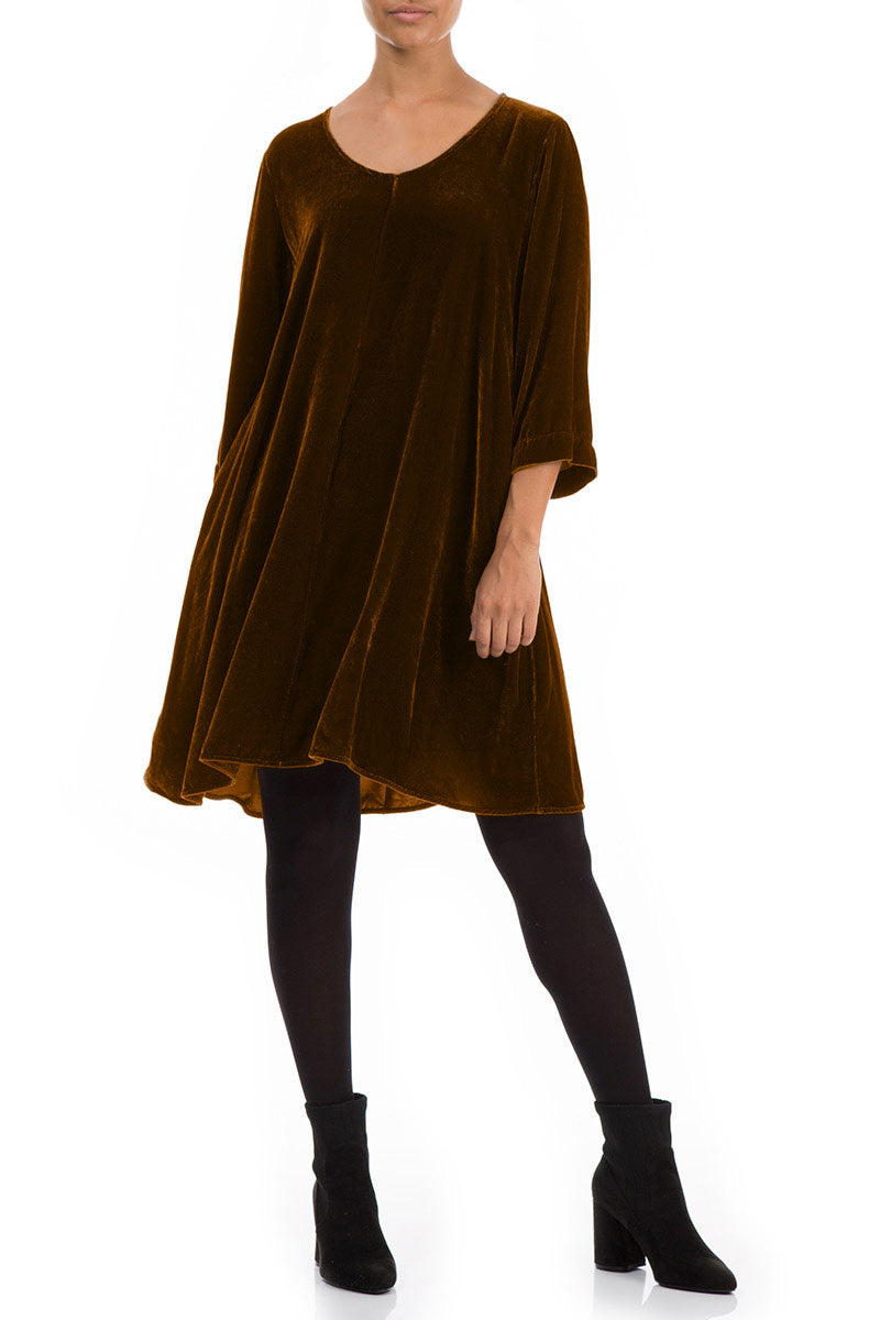 Elegant Golden Olive Silk Velvet Dress