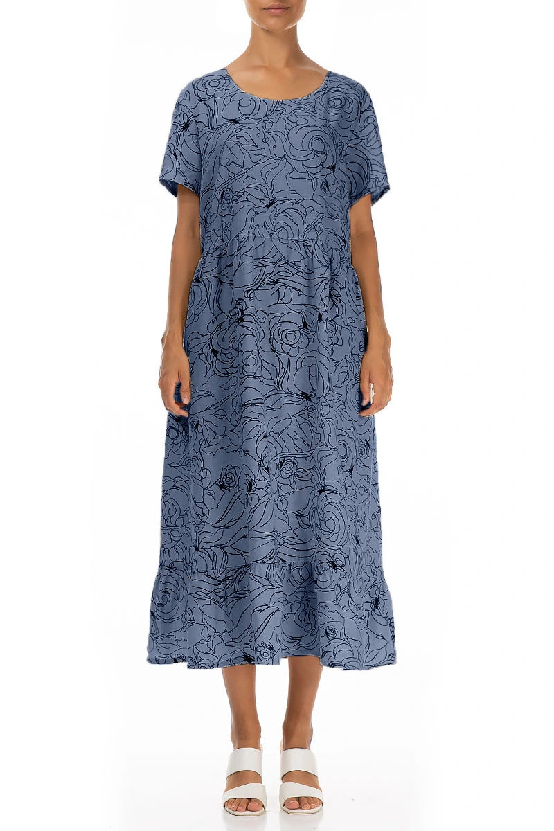 Elegant Roses Blue Nova Linen Dress – grizas.com